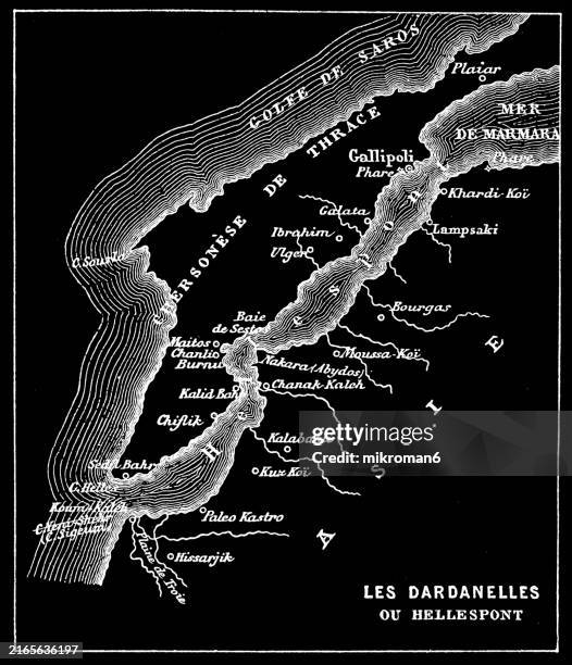 old engraved map of the dardanelles or strait of gallipoli (gallipoli peninsula) a narrow, natural strait and internationally significant waterway in northwestern turkey that forms part of the continental boundary between asia and europe - dardanelles stock pictures, royalty-free photos & images