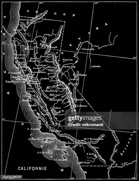 old engraved map of california us state, united states of america (usa) - state symbols of california stock pictures, royalty-free photos & images