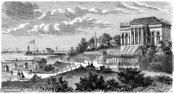 old engraved illustration of calais sea baths, calais - a french port city in the pas-de-calais department - swimming drawings stock pictures, royalty-free photos & images