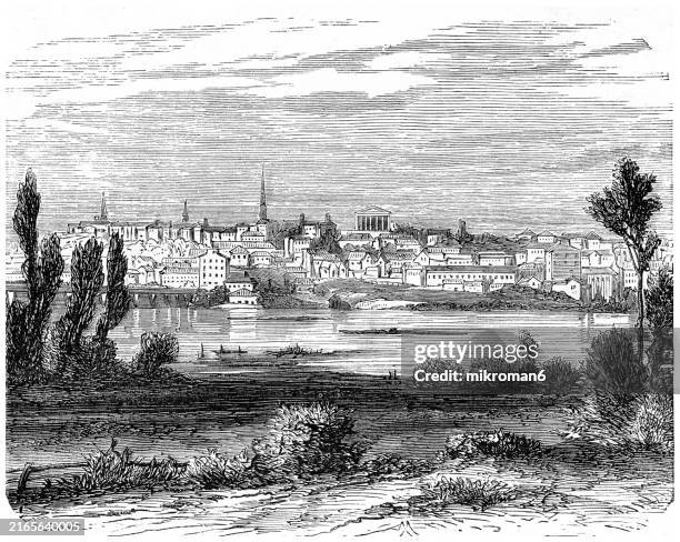 old engraved illustration of richmond, the capital city of the commonwealth of virginia in the united states - roanoke settlement stock pictures, royalty-free photos & images