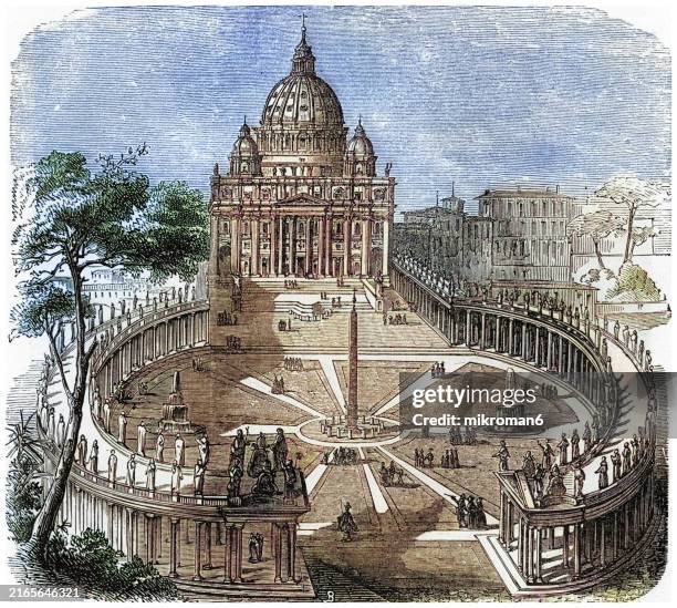 old engraved illustration of st. peter's square and the colonnade, rome, italy - pope stock pictures, royalty-free photos & images