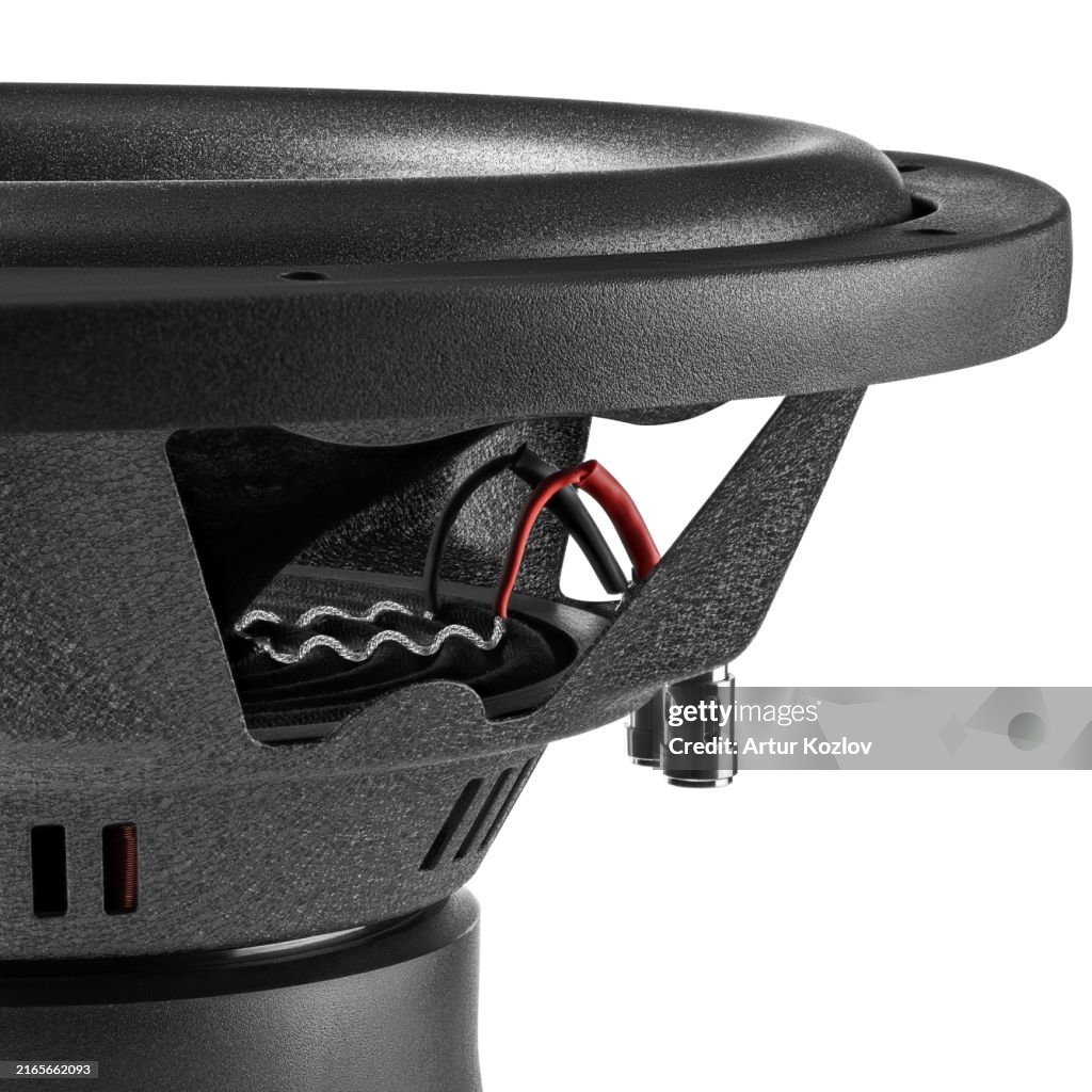 Intricate design and components of car subwoofer, highlighting its acoustic features and speaker connections. Close-up. Isolate on white background