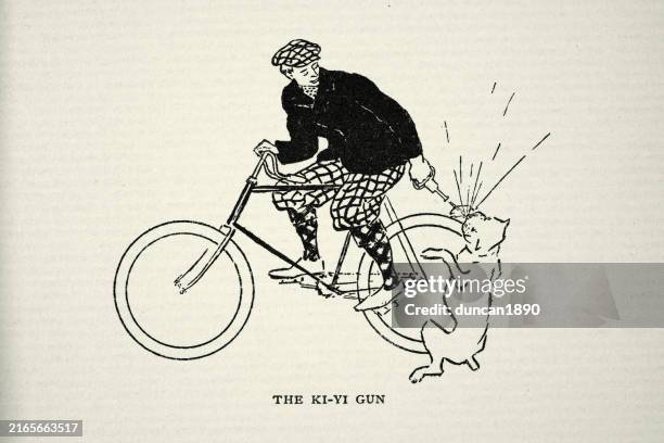 young man a riding a bicycle, cyclist using ki-yi gun (honking horn) to stop a dog from chasing him, victorian, 1890s 19th century vintage illustration - dog chasing stock illustrations