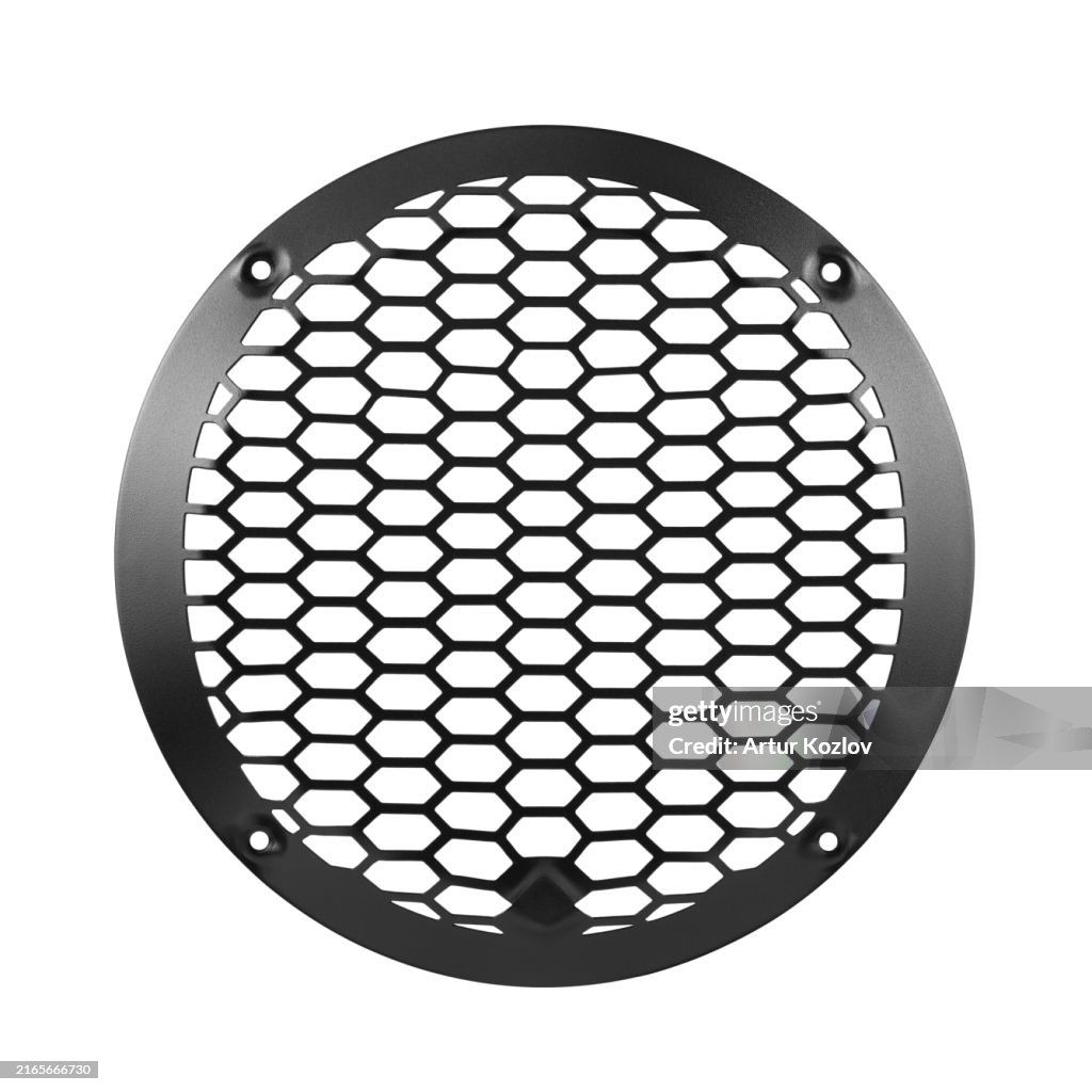 Intricate design of car acoustic system, featuring subwoofer and surround sound speakers. Close-up. White background. Isolate. Copy space