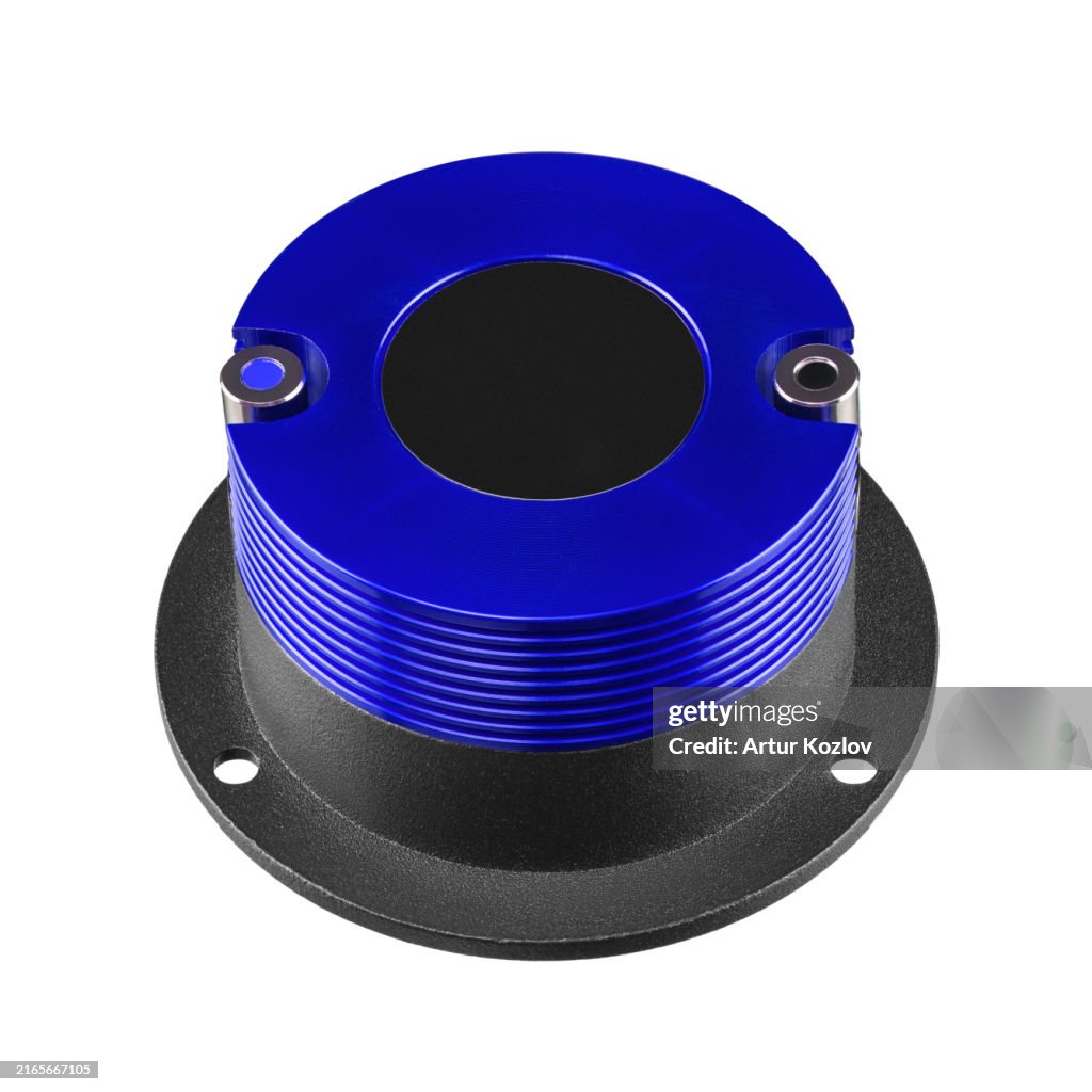 Car acoustic system components including subwoofers and speakers in auto workshop setting. lower part, top view. Close-up. Isolate on white background. Copy space