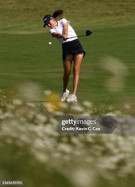 Emma Spitz of Team Austria plays a shot on the third hole during Day One of the Women's Individual Stroke Play on day twelve of the Olympic Games...