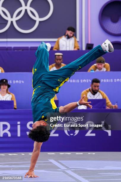 Attack of Australia during the B-Boys Round Robin Battles on day fifteen of the Olympic Games Paris 2024 at Place de la Concorde on August 10, 2024...