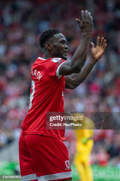 Middlesbrough's Emmanuel Latte Lath is scoring from the penalty spot and celebrating during the Sky Bet Championship match between Middlesbrough and...
