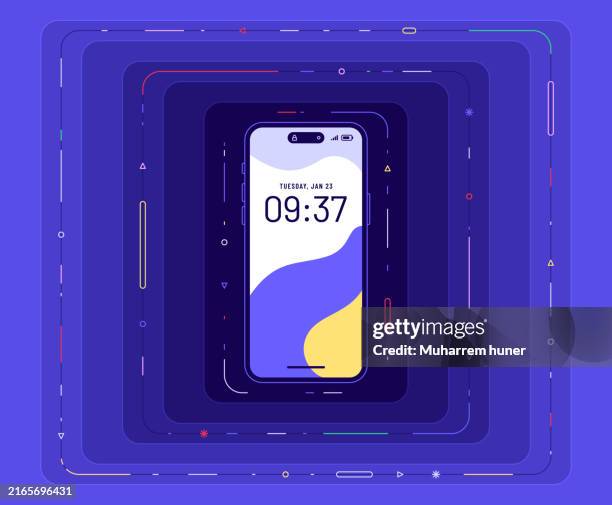 data flowing around smartphone concept vector illustration. mobile app technology and software background. - digitalization background stock illustrations