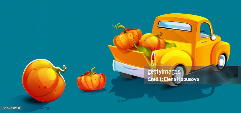 Ciao autunno in stile cartone animato. camioncino autunnale giallo in movimento con zucche mature che cadono su sfondo isolato.
