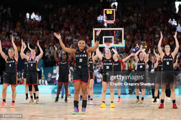 Team Belgium players perform a routine after winning a Women's Quarterfinal match against Team Spain on day twelve of the Olympic Games Paris 2024 at...