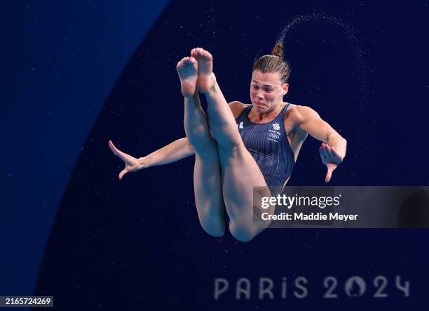 Grace Reid of Team Great Britain competes in the Women's 3m Springboard Preliminaries on day twelve of the Olympic Games Paris 2024 at Aquatics...