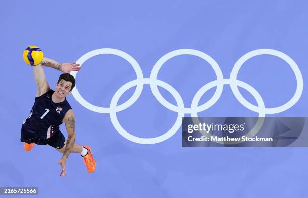 Matthew Anderson of Team United States serves the ball during a Men's Semifinals match against Team Poland on day twelve of the Olympic Games Paris...