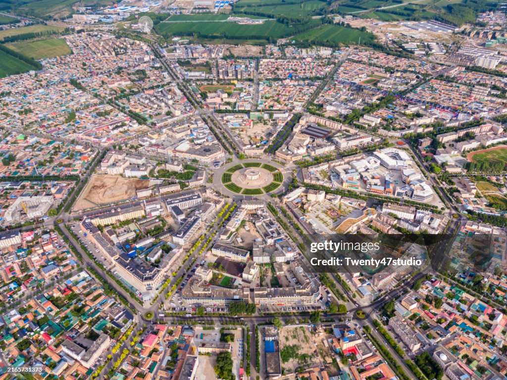 Aerial view of the octagonal city of Tekes County in the Ili Kazakh Autonomous Prefecture, Xinjiang