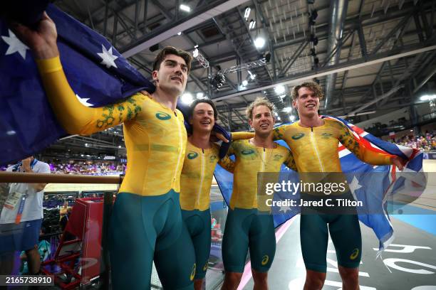 Gold medalists Oliver Bleddyn, Sam Welsford, Conor Leahy and Kelland O'Brien of Team Australia celebrate after the Men's Team Pursuit Finals on day...