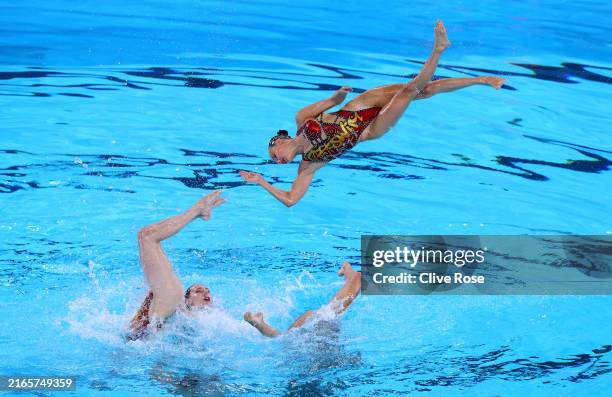 Members of Team Canada compete in the Team Acrobatic Routine on day twelve of the Olympic Games Paris 2024 at Aquatics Centre on August 07, 2024 in...