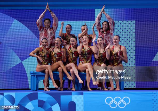 Members of Team Canada react after competing in the Team Acrobatic Routine on day twelve of the Olympic Games Paris 2024 at Aquatics Centre on August...