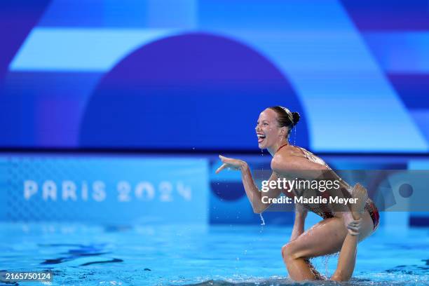 Members of Team Canada compete in the Team Acrobatic Routine on day twelve of the Olympic Games Paris 2024 at Aquatics Centre on August 07, 2024 in...