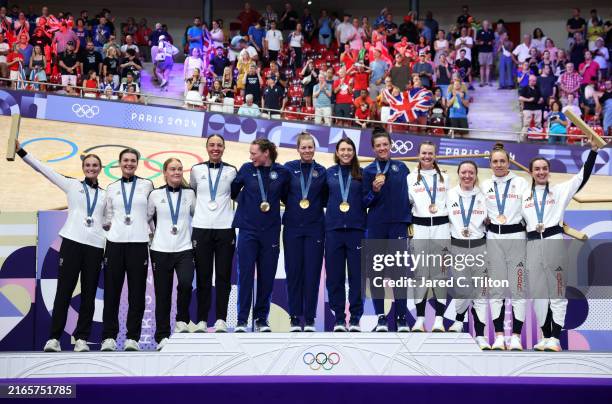 Gold medalists Jennifer Valente, Lily Williams, Chloe Dygert and Kristen Faulkner of Team United States , Silver medalists Ally Wollaston, Bryony...