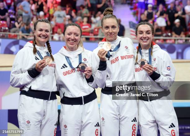 Bronze medalist Elinor Barker, Josie Knight, Anna Morris and Jessica Roberts of Team Great Britain pose on the podium after the Women's Team Pursuit...
