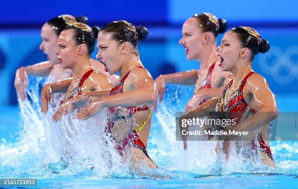 Members of Team Canada compete in the Team Acrobatic Routine on day twelve of the Olympic Games Paris 2024 at Aquatics Centre on August 07, 2024 in...