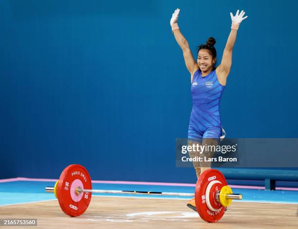 Mirabai Chanu Saikhom of Team India celebrates during the Weightlifting Women's 49kg on day twelve of the Olympic Games Paris 2024 at South Paris...