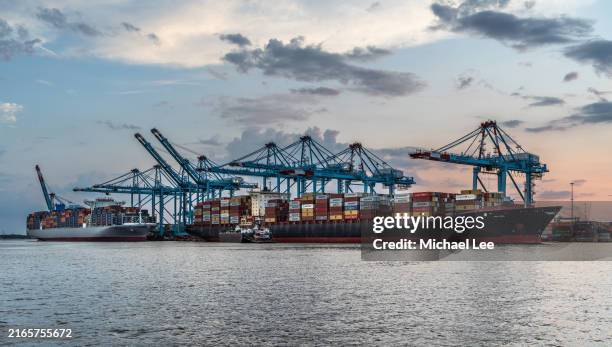 sunset view of container ships in cargo port - harbour stock pictures, royalty-free photos & images