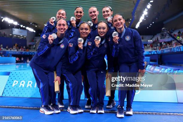 Silver Medalists of Team United States pose following the Artistic Swimming medal ceremony after the Team Acrobatic Routine on day twelve of the...