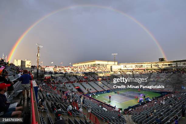 Rainbow appears after a small rain delay during Day Five of the ATP Masters 1000 National Bank Open at Stade IGA on August 10, 2024 in Montreal,...