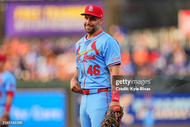 Paul Goldschmidt of the St. Louis Cardinals looks on during the game between the St. Louis Cardinals and the Kansas City Royals at Kauffman Stadium...