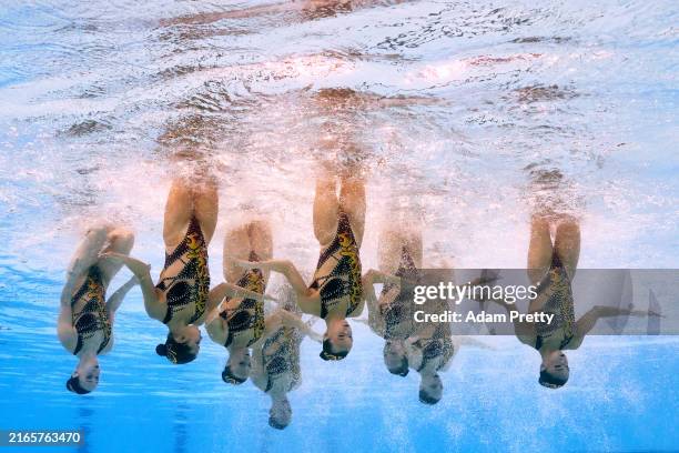 Members of Team Canada compete in the Team Acrobatic Routine on day twelve of the Olympic Games Paris 2024 at Aquatics Centre on August 07, 2024 in...