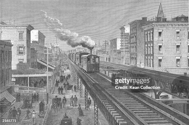 Train rides over double tracks of the elevated railway on Seventh Avenue, Greenwich Village, New York City, circa 1880.