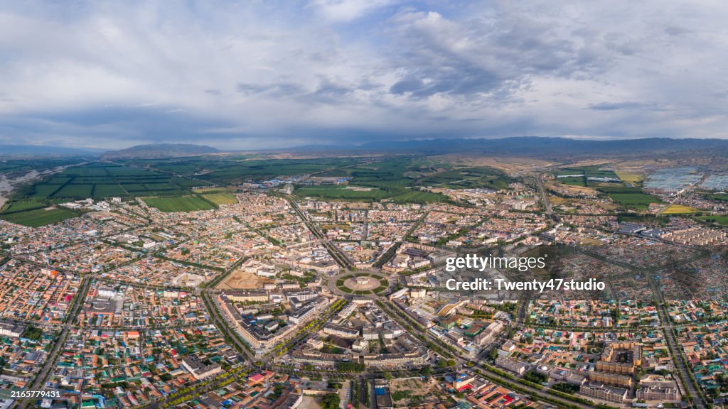 Aerial Panorama of the octagonal city of Tekes County in the Ili Kazakh Autonomous Prefecture, Xinjiang