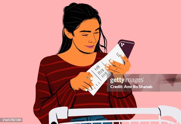 illustrations, cliparts, dessins animés et icônes de a young woman examining her phone closely while shopping. phone, woman, red, striped, examining - brand name mobile payment