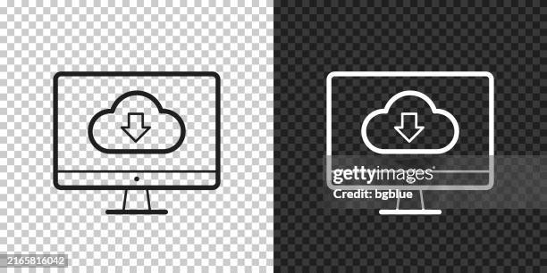 cloud download to desktop computer. icon for design on blank background - white clouds transparent stock illustrations