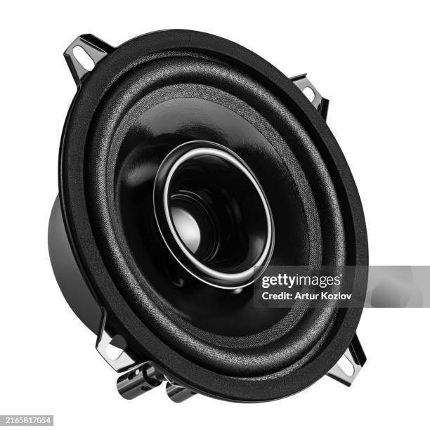 car coaxial audio speaker with mounting tabs in black color and round shape. subwoofer speaker. front side view. isolate on white background. copy space. - car speaker isolated stock pictures, royalty-free photos & images