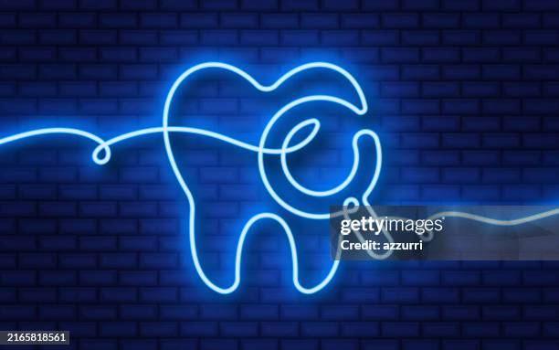 glowing neon continuous line icon isolated on brick wall background. blue color dental care icon - toothpaste isolated stock illustrations