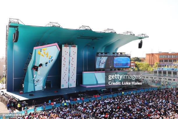 General view of the Boulder & Lead wall as Camilla Moroni of Team Italy climbs during the Women's Boulder & Lead - Semifinal Lead on day thirteen of...