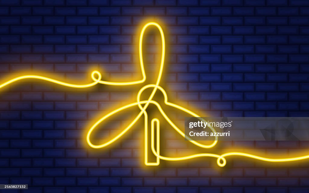 Glowing neon continuous line icon isolated on brick wall background. Yellow color wind turbine icon