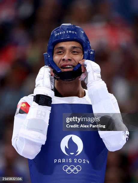 Kevin Sogo Kassman of Team Papua New Guinea during the Men’s -68kg Round of 16 match between Kevin Sogo Kassman of Team Papua New Guinea and Bradly...