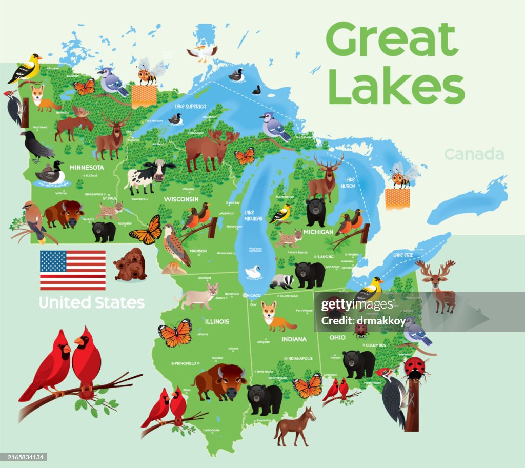 Map of Great Lakes and animals