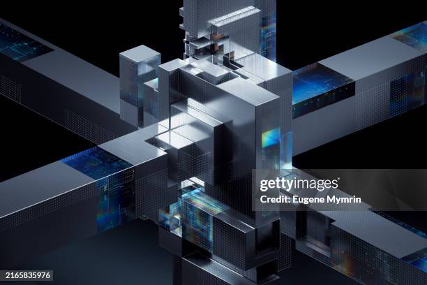 3d render of futuristic glass cubes. protecting your data in a digital world - the new era of financial security - simbiosis fotografías e imágenes de stock