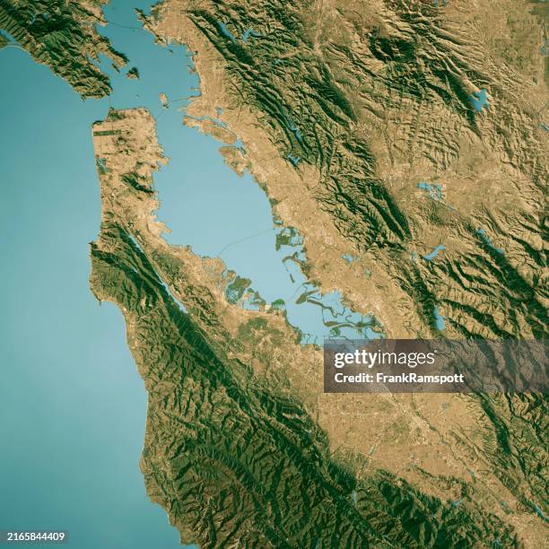 san francisco bay area satellit topographische karte 3d-rendering true color - palo alto stock-fotos und bilder