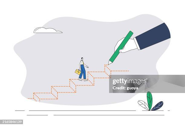 white-collar workers walk on the ladder drawn by the giant. - hand reaching forward stock illustrations