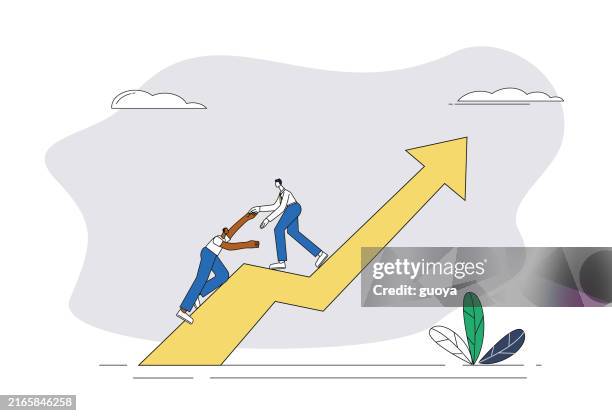 on the arrow two white-collar workers help each other to climb up. - reference guide stock illustrations
