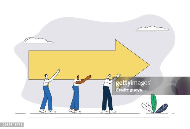 three white-collar workers are carrying arrows and moving forward. - stiff joint stock illustrations