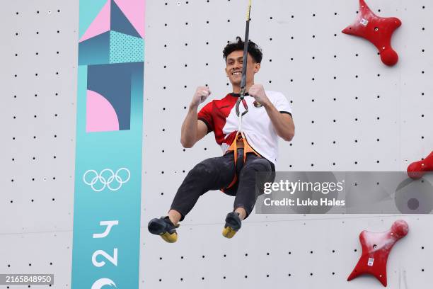Veddriq Leonardo of Team Indonesia celebrates after winning the Gold medal in the Men's Speed - Big Final on day thirteen of the Olympic Games Paris...