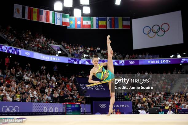 Boryana Kaleyn of Team Bulgaria competes during the Rhythmic Gymnastics Individual All-Around Qualification on day thirteen of the Olympic Games...
