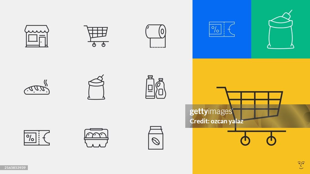 Grocery thin line vector icon set. The design is editable and the color can be changed. Vector set of creativity icons: Bakery , Fish , Meat , Chicken , Coffee , Shopping Basket , Egg