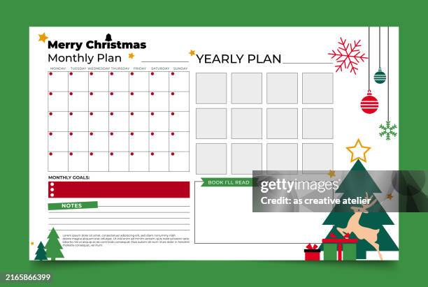 merry christmas journal planner template.
monthly and year planner. geometric pattern and new year concept. green background and new year design. - information sign stock illustrations
